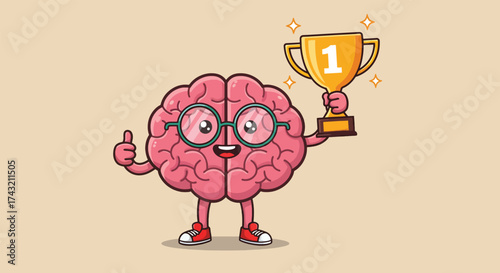 Cartoon brain character wearing glasses and holding a firstplace trophy giving a thumbs up.