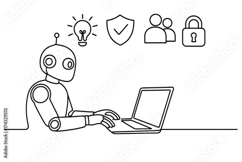 Robot working on a laptop while engaging with ideas of security and collaboration in a digital environment