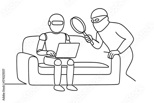 Robotic figure working on a laptop while a masked figure approaches with suspicion