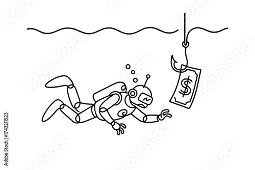 Robot diver reaching for currency under the water in a creative illustration