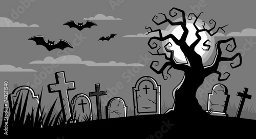 Spooky graveyard illustration with tombstones bats flying in the night and a gnarled tree silhouetted against the moon perfect for Halloween designs