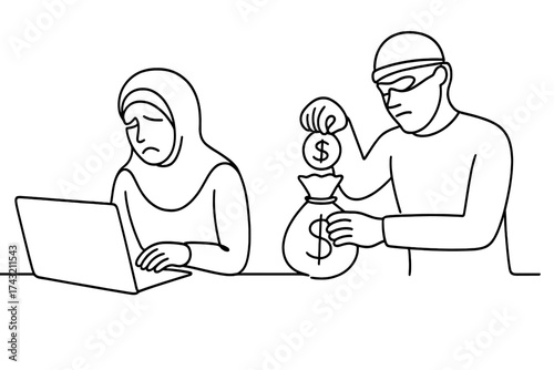 Woman working on a laptop while a thief steals her money in a digital crime scene