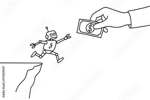 Robot reaches for money as it prepares to jump off a cliff in a humorous illustration about risk and reward