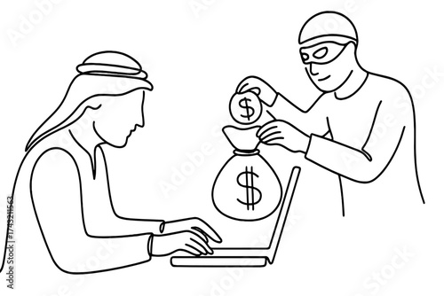 Cyber scam scene depicting a hacker stealing money from a victim using a laptop