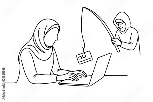 Woman using a laptop at home while a hacker attempts phishing with a fishing rod and card