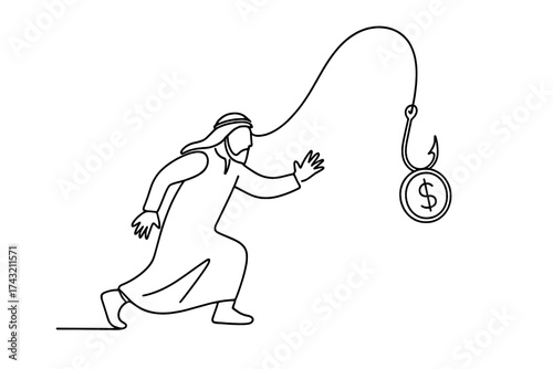 Man in traditional attire chases a dollar sign on a hook in a playful representation of chasing wealth