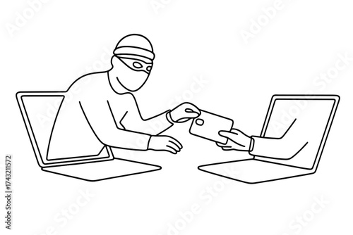 Cybercriminal exchanges stolen information between laptops in a digital environment