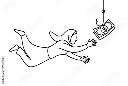 Person reaching for cash while being lured by a fishing hook in a conceptual illustration about temptation