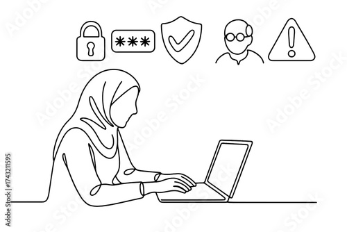 Woman wearing a hijab working on a laptop while managing online security settings and privacy