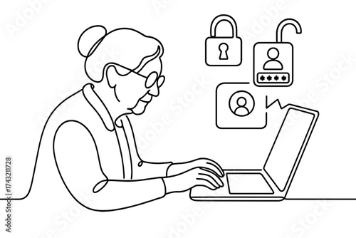 Elderly woman working on a laptop while managing online security and privacy settings at home