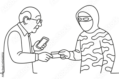 Elderly man unknowingly hands over his credit card to a masked individual in a deceptive situation