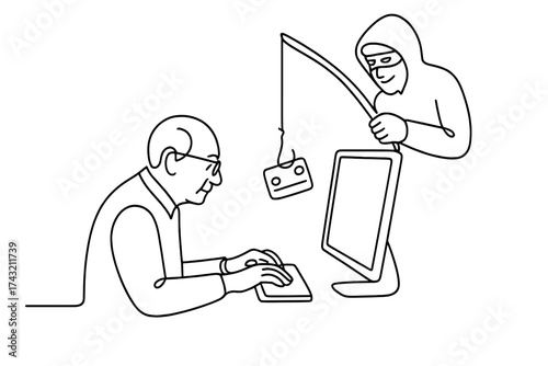 Elderly man working on computer while a hooded figure attempts to steal data with a fishing rod
