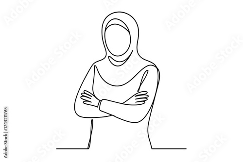 Woman with arms crossed wearing hijab in a simple line art style showcasing strength and confidence