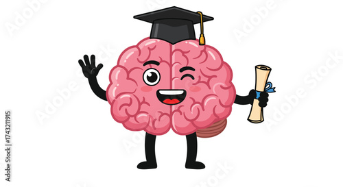 Cartoon brain wearing graduation cap and holding diploma celebrating achievement.