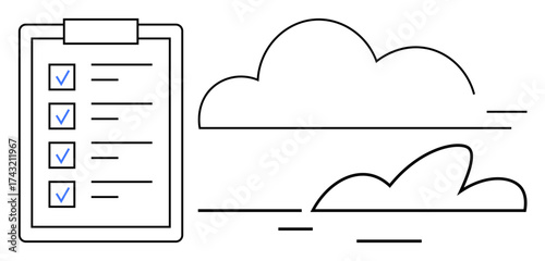 Checklist on clipboard with clouds in background symbolizes teamwork, productivity, and cloud-based task management. Ideal for collaboration, digital tools, planning, organization, workflow