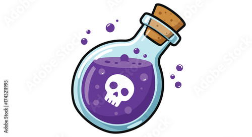 Cartoon Glass Potion Bottle Filled with Purple Liquid and Skull Symbol.