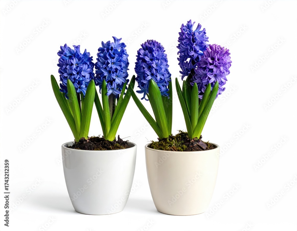 Fototapeta premium Two potted hyacinths, brilliant blue, against white