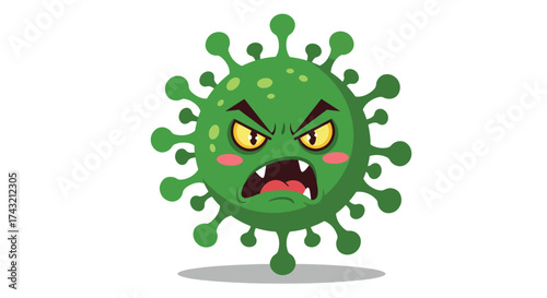 Cartoon illustration of a menacing green virus with angry facial expression.