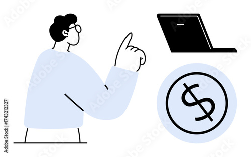 Man gestures near laptop and dollar sign, symbolizing online work, financial planning, technology management, business consulting, e-commerce, remote solutions, and success strategies in a clean