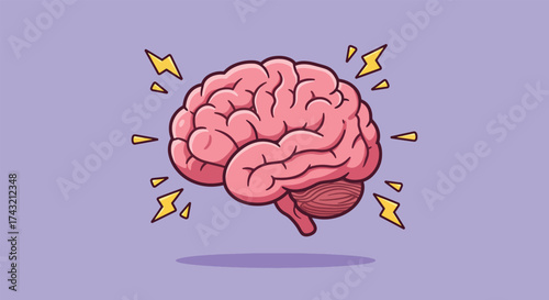 Cartoon Illustration of a Pink Human Brain with Electrical Sparks.