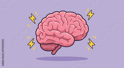 Cartoon Illustration of a Pink Human Brain with Lightning Bolts.