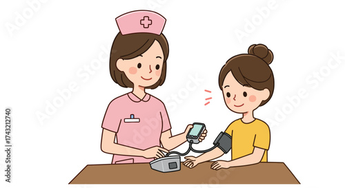 Cartoon nurse taking patients blood pressure with sphygmomanometer.