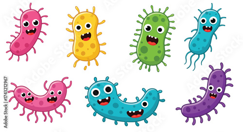 Collection of Cute Cartoon Bacteria and Microbes with Happy Faces.