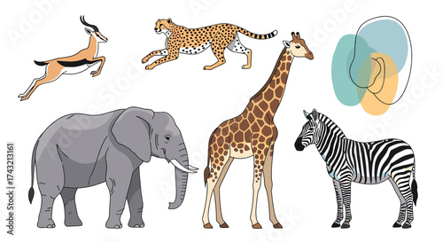 A collection of african safari animals including an elephant a giraffe a cheetah a zebra and an antelope.