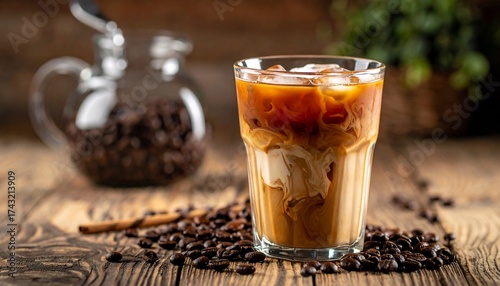 Close-up of an iced coffee beverage, with fresh coffee beans on a wooden table