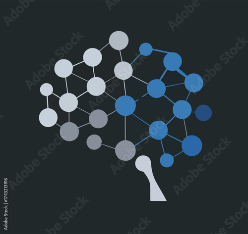 The artwork displays an abstract depiction of a brain using interconnected nodes. It blends shades of grey and blue, suggesting complexity and connectivity at night.
