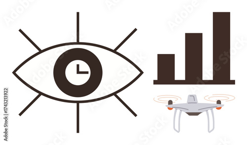 Eye with clock representing surveillance and time, bar chart for analytics, and quadcopter for technology. Ideal for monitoring, innovation, data insight, time management, research, digital tools