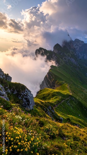 Mountain ridge path with clouds and sunset light
