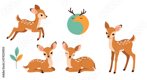 Adorable baby deer illustrations showcasing playful and gentle forest creatures in various poses.