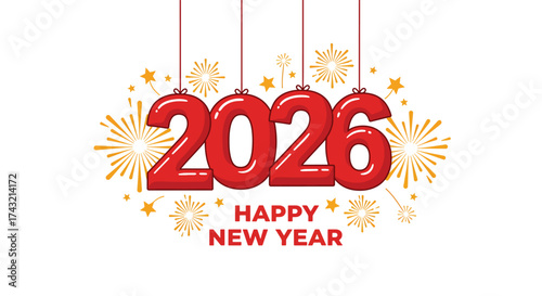 Festive Red Balloons Displaying 2026 with Fireworks and Happy New Year.