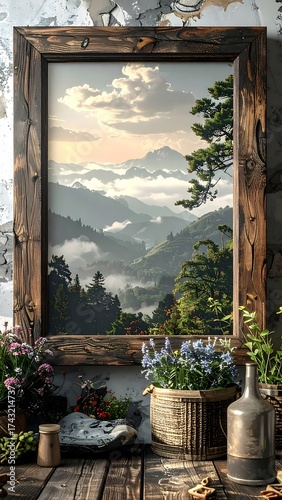 Mountains framed by wood with foreground greenery