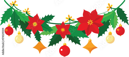 Vibrant christmas garland with poinsettias frosted pine and ornaments scalable vector eps