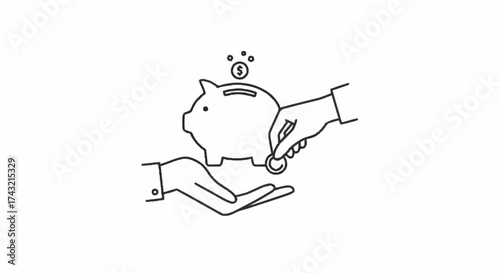 Saving Money Icon Hand Placing Coin into Piggy Bank, Financial Investment Concept