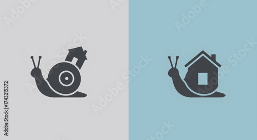 Minimalist vector graphic depicting a snail carrying a house, illustrating concepts of slow real estate markets, the journey of home relocation, or the metaphor of always carrying your dwelling