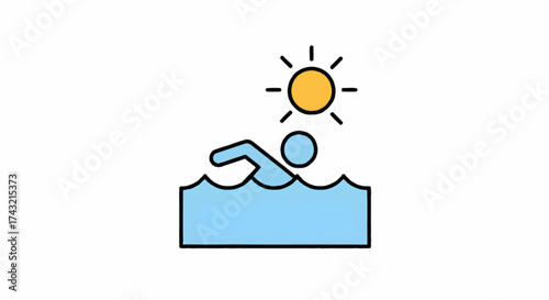 Vibrant line art icon of a person swimming in a cool blue pool under the bright summer sun, representing outdoor sport, relaxation, and leisure activities