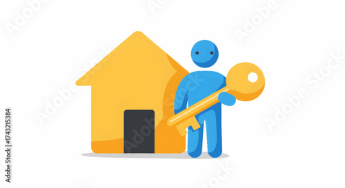 Illustration of a person holding a key in front of a house.