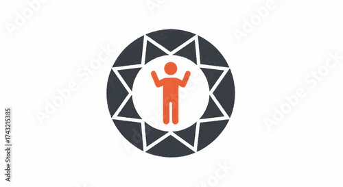 Graphic icon portraying a person with raised arms, symbolizing triumph, achievement, and personal growth within a dynamic, star-shaped circular frame on a clean background