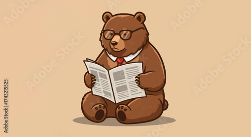 Smart cartoon brown bear in business attire and glasses, reading a newspaper. Charming illustration representing intelligence, knowledge, and professional engagement