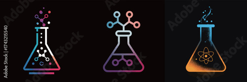 Three distinct lab equipment designs showcase colorful beakers and molecular structures, symbolizing science, research, and discovery in a vibrant way.