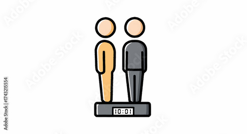 Concept of two stylized individuals standing on a digital scale, symbolizing fairness, measurement, and the importance of balanced comparison in social and business contexts