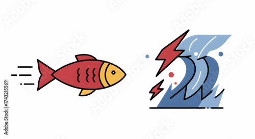 A speedy red fish confronts a powerful ocean storm, depicted with dramatic waves and striking lightning, symbolizing an urgent and dynamic natural challenge