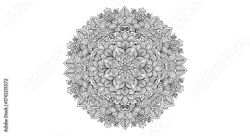 A highly detailed, black and white circular mandala with intricate floral and lotus patterns on a clean white background.