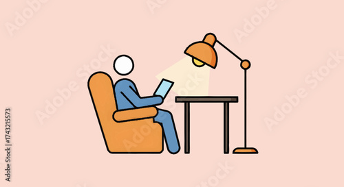 Illustration of a person comfortably reading in an armchair with a table lamp, symbolizing relaxation, quiet leisure, and personal time spent at home