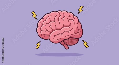 Pink human brain with yellow lightning bolts symbolizing ideas and thought processes.