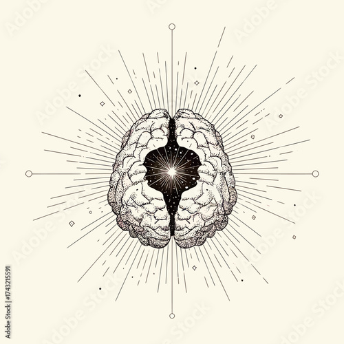 An intricate design shows a brain split in half, surrounded by cosmic elements and rays of energy. The artwork captures a blend of science and mysticism.