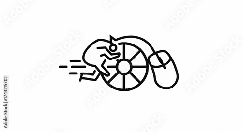 Abstract line art of a person running in a computer mouse scroll wheel, representing the endless digital work cycle and continuous online effort